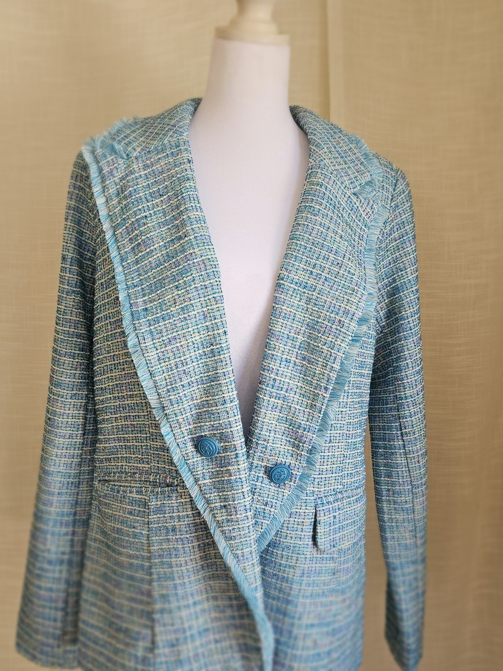 Belle by Kim Gravel Blue Tweed Double-Breasted Blazer Raw Hem Fringe S - Picture 3 of 16